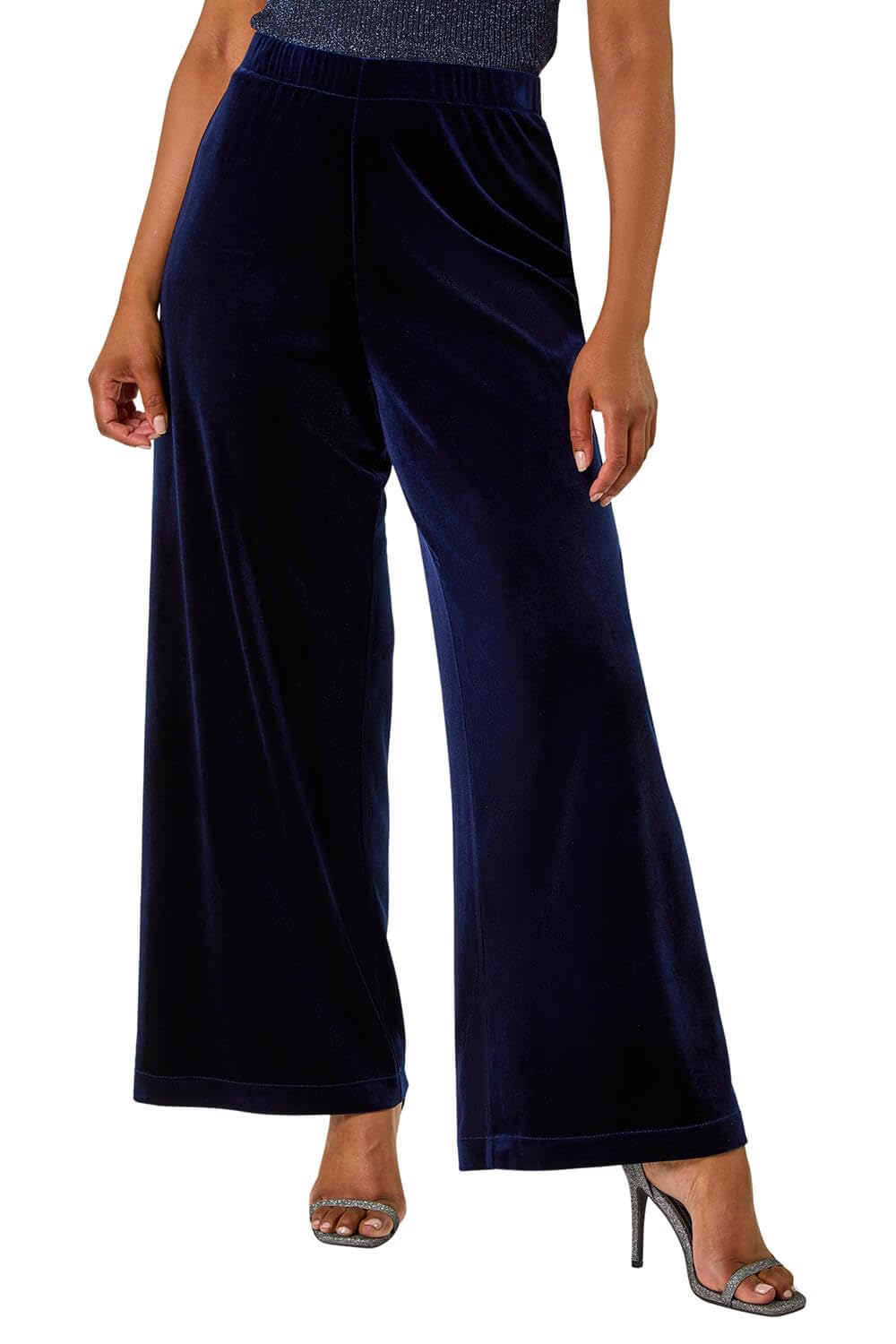 Roman Women's Petite Wide Leg Velvet Stretch Trouser in Midnight | Size: 16