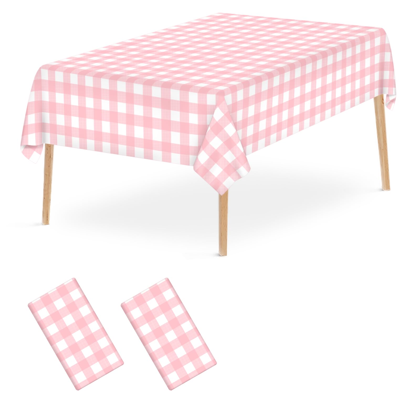Pink Gingham Tablecloth 54 × 108 Inches Pink and White Checkered Table Cloth Disposable Plastic Waterproof Tablecover for Outdoor Picnic, Holiday Dinner, Birthday Party