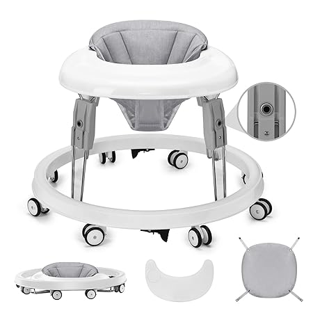 One-Touch Folding Baby Walker, Anti-Roll 8-Wheel Round Chassis, 7-Speed Height Adjustment, with Large Dinner Plate and Brake, 6-18 Months Baby Walker, Gray.