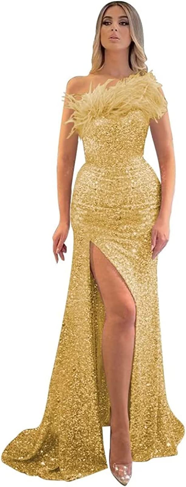 Robe de soirée longue grande taille dorée chic avec plumes