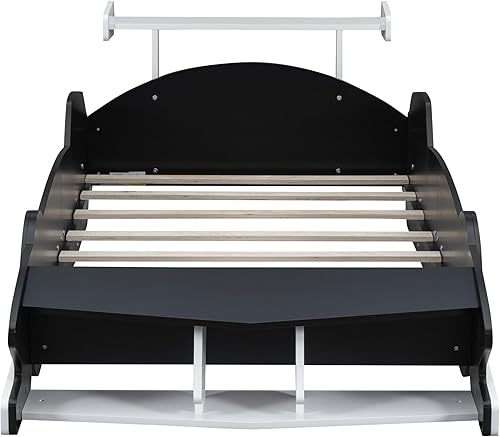 Miniatura 225 de Cama de plataforma en forma de auto de carreras con ruedas, cama de plataforma de madera tamaño individual con barandilla, cama de plataforma para