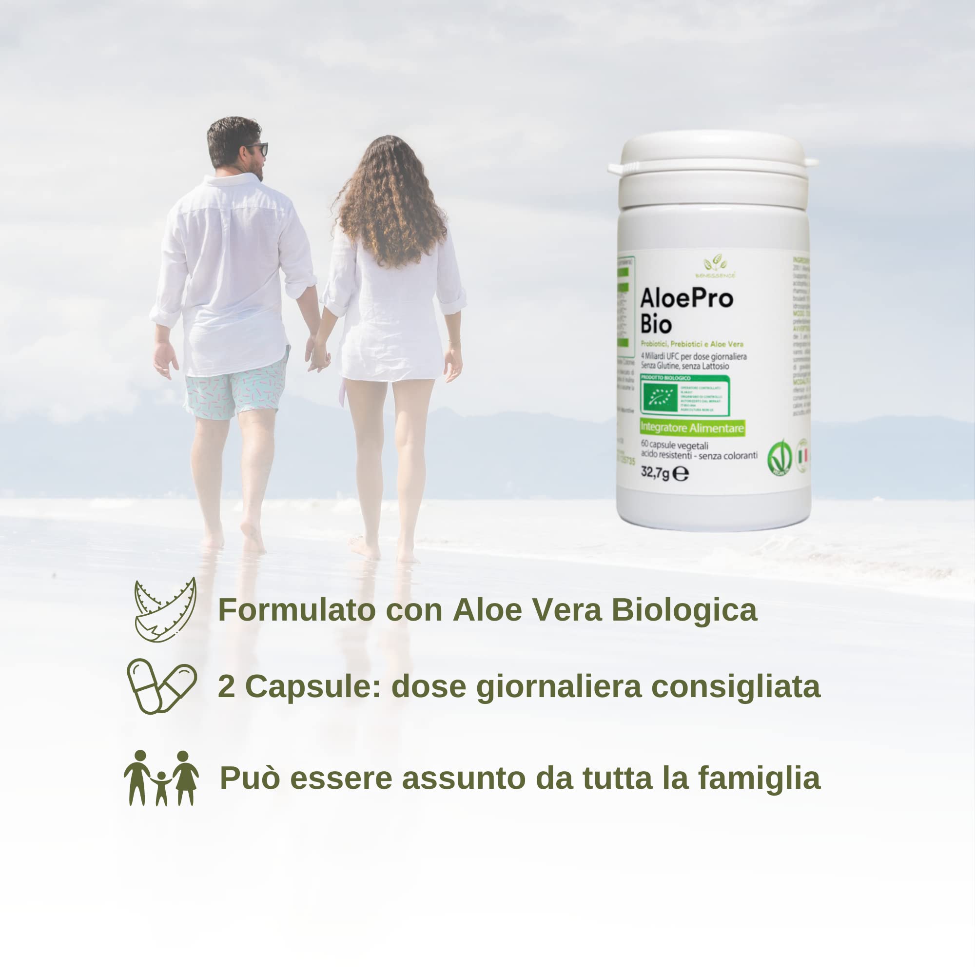 Benessence - AloePro bio con Aloe Vera Bio, Probiotici e Prebiotici – Prodotto Biologico - 4 MLD UFC con Aloe Vera - 60 capsule vegetali