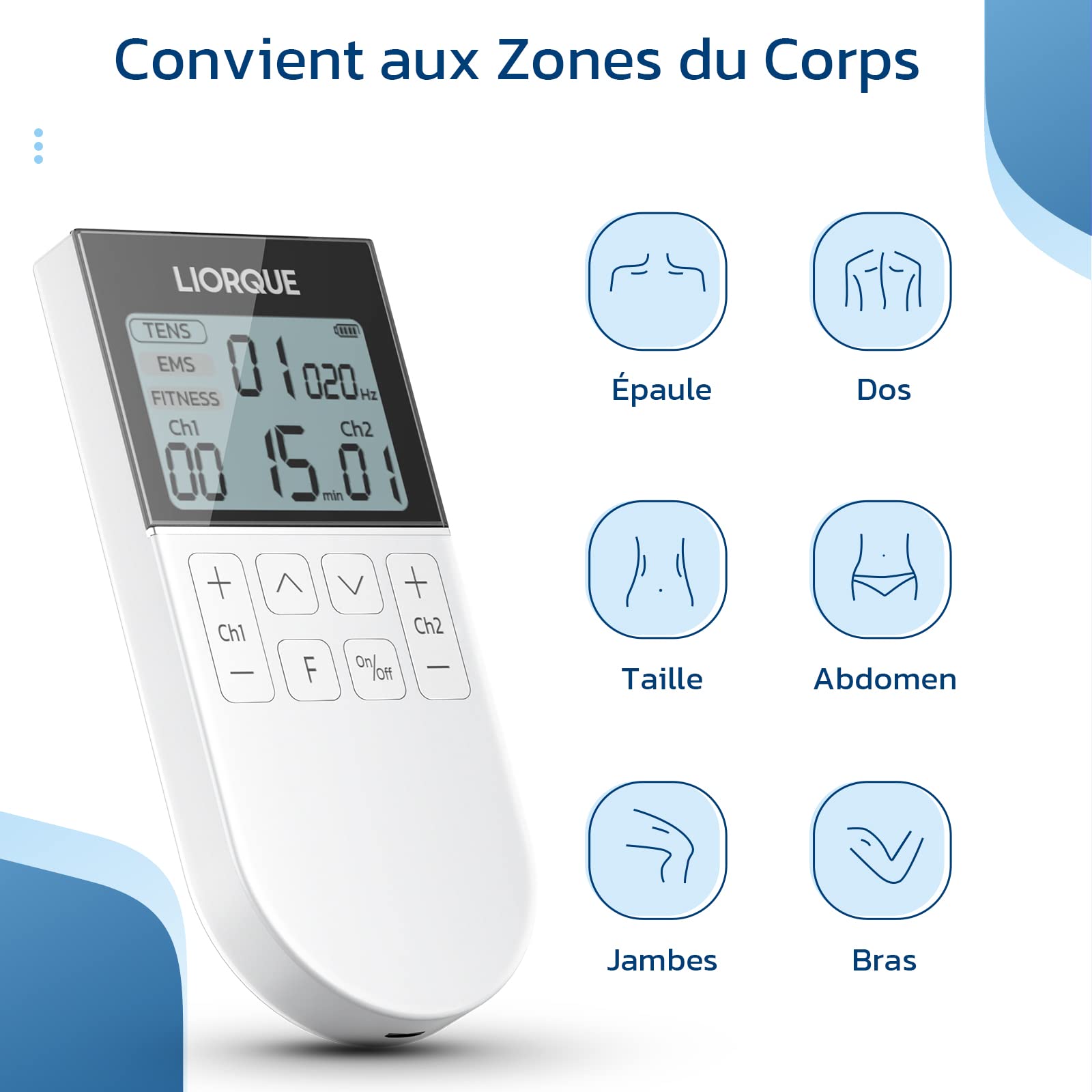 LIORQUE Électrostimulateur Musculaire, Stimulateur Musculaire TENS avec 2 Canaux Indépendant, Avec 3 Modes de Fonctionnement de TENS/EMS/FITNESS pour un total de 50 Programmes de Massage