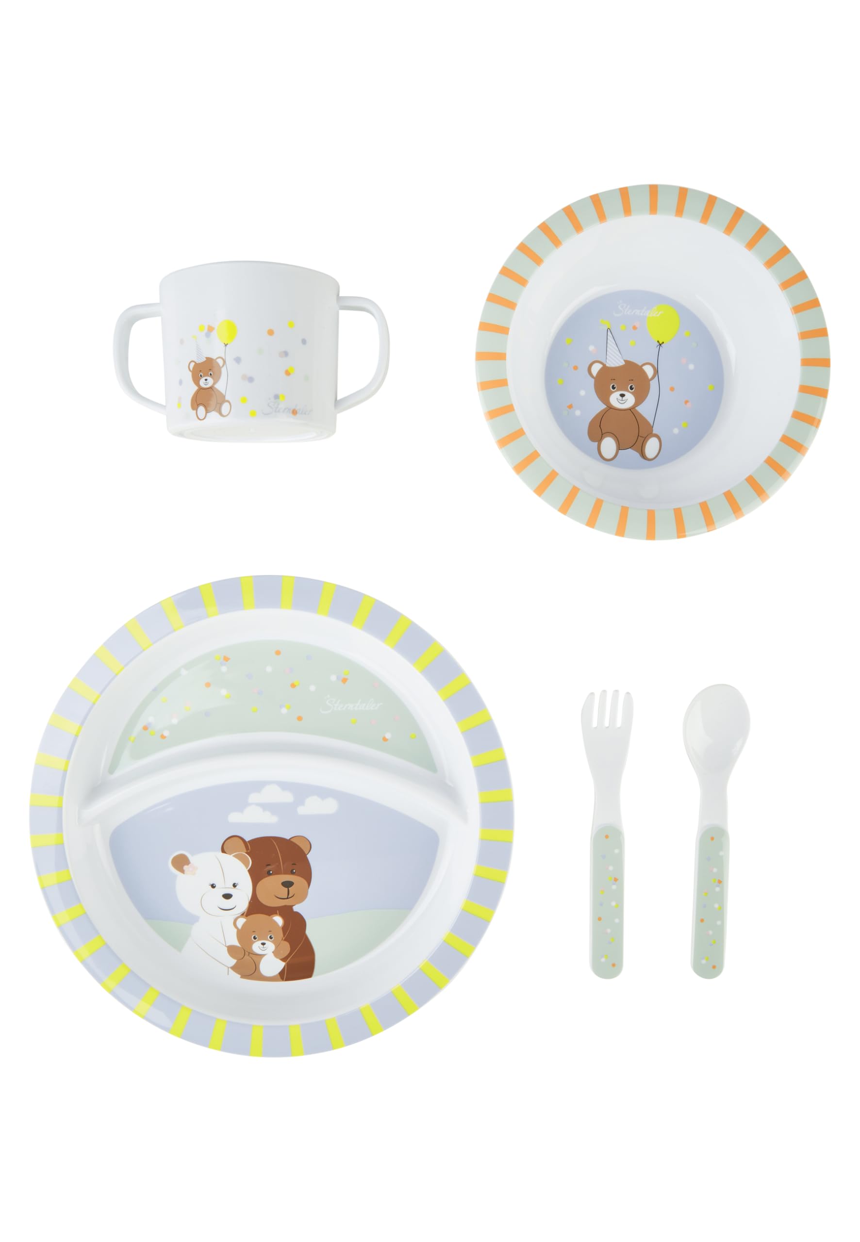 Sterntaler Geschirrset Familie Bär, Kinder-Geschirrset für Babys und Kleinkinder, rutschfester Sockel an Teller, Schale und Becher, lebensmittelecht, robust, spülmaschinengeeignet, 23,5×25×10 cm, bunt