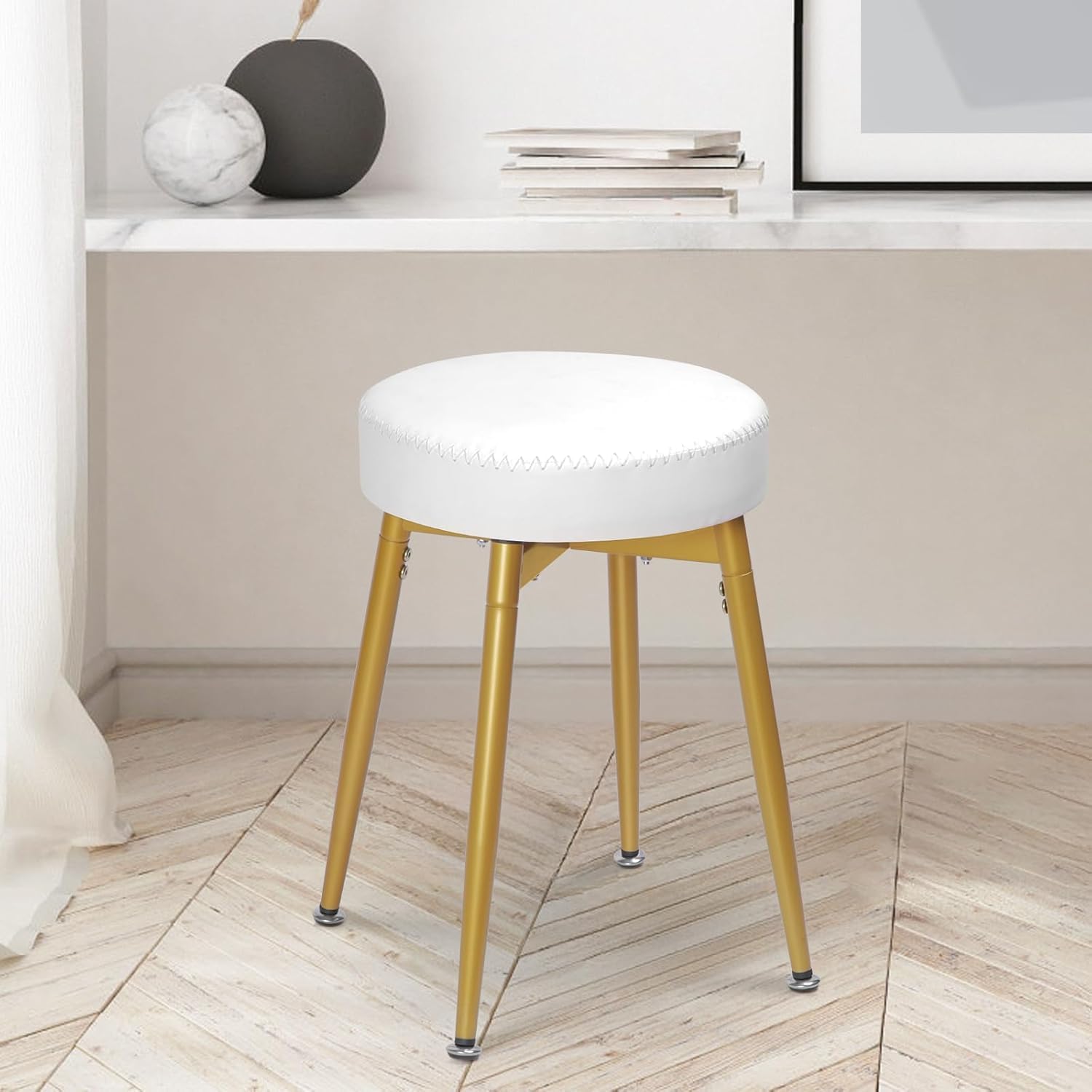 Craft Capital 360° Swivel Vanity Stool – Linen Makeup Chair with Metal Legs, Round Ottoman Footrest Bench for Dressing Table, Bedroom & Living Room – Modern Compact Makeup Chair (White&Gold)-image-30