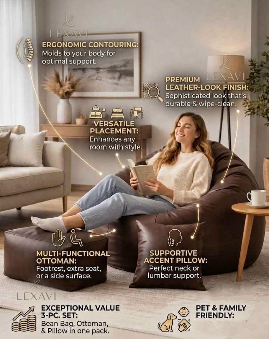 LEXAVI Brand®- 6XL PVC Faux Leather Leatherette Beanbag Cover (Without Beans)|| Bean Bag Sofa Chair Cover Only|| Jumbo Large Bean Bag Chair with Footrest & Cushion Cover | 1 Year Warranty - Brown 3
