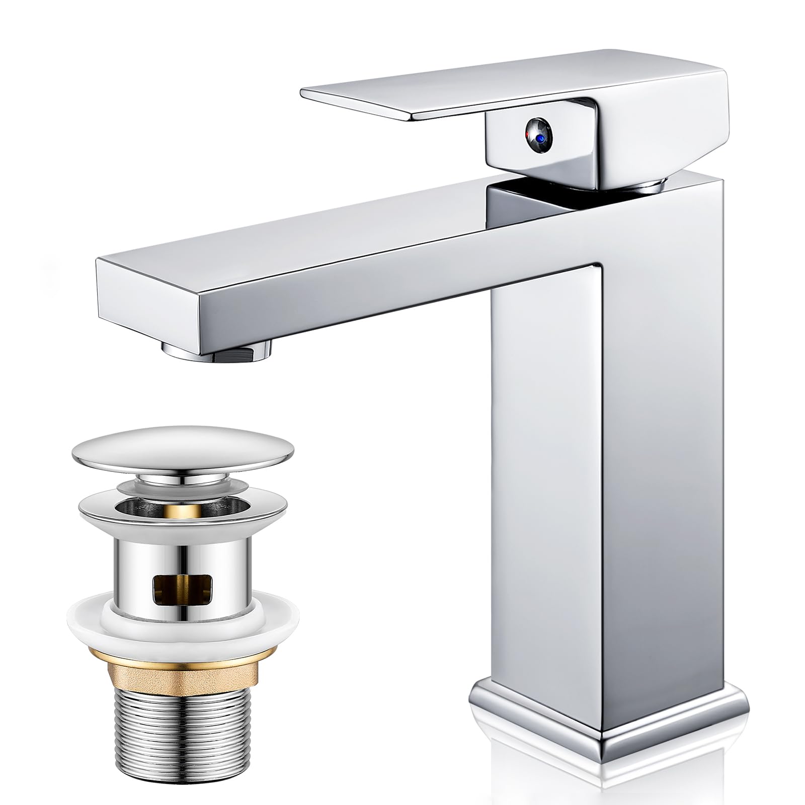 Chrom Basin Tap with Waste, Single Lever Bathroom Faucet, Monobloc Washroom Basin Taps with Pop Up Waste (Big Cover) โ image 1