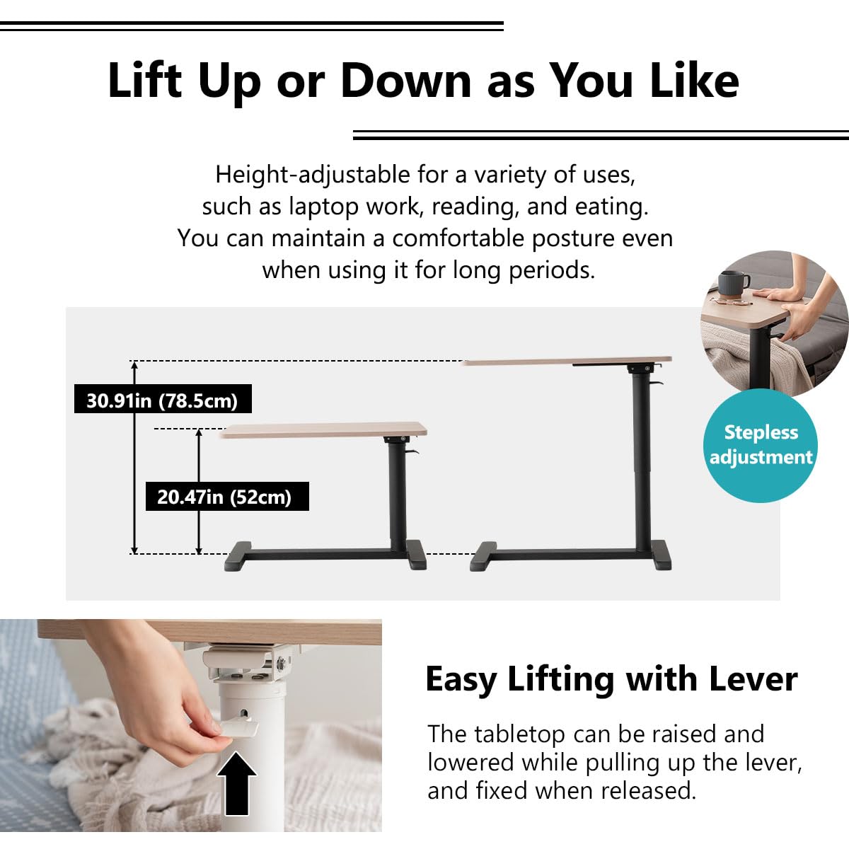 EMOOR Mesa Auxiliar Plegable en C Ciudad (Natural), Altura Ajustable Estructura Metálica Ahorra Espacio Noche Sofá Couch Escritorio para Portátil Snacks