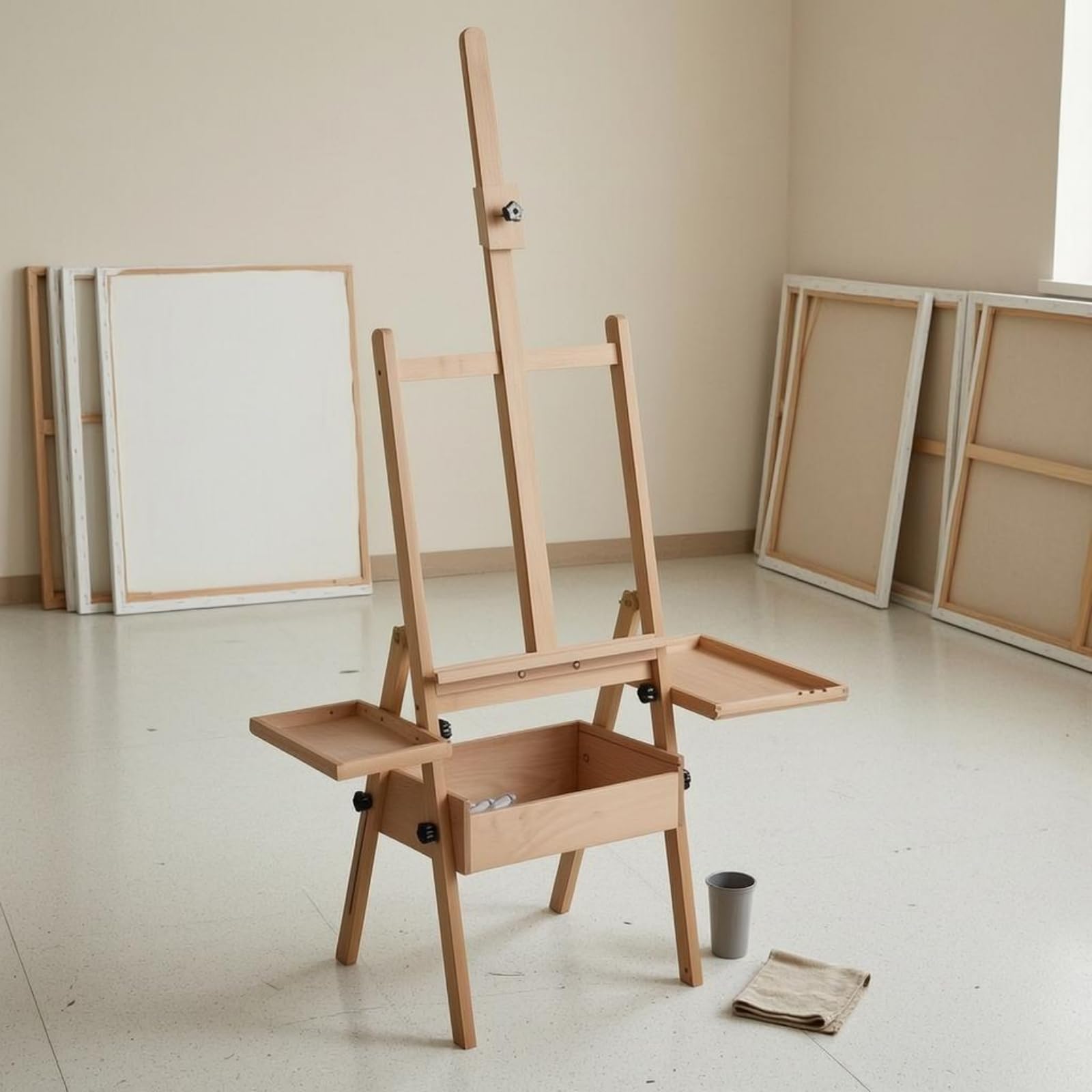 kowaku Caballete de Arte Ajustable Caballete Atril Soporte Trípode Regulable de 115 Cm y Bandeja con Cajas Laterales en Madera, Caballete De Madera Con Bandeja, Color Madera Original