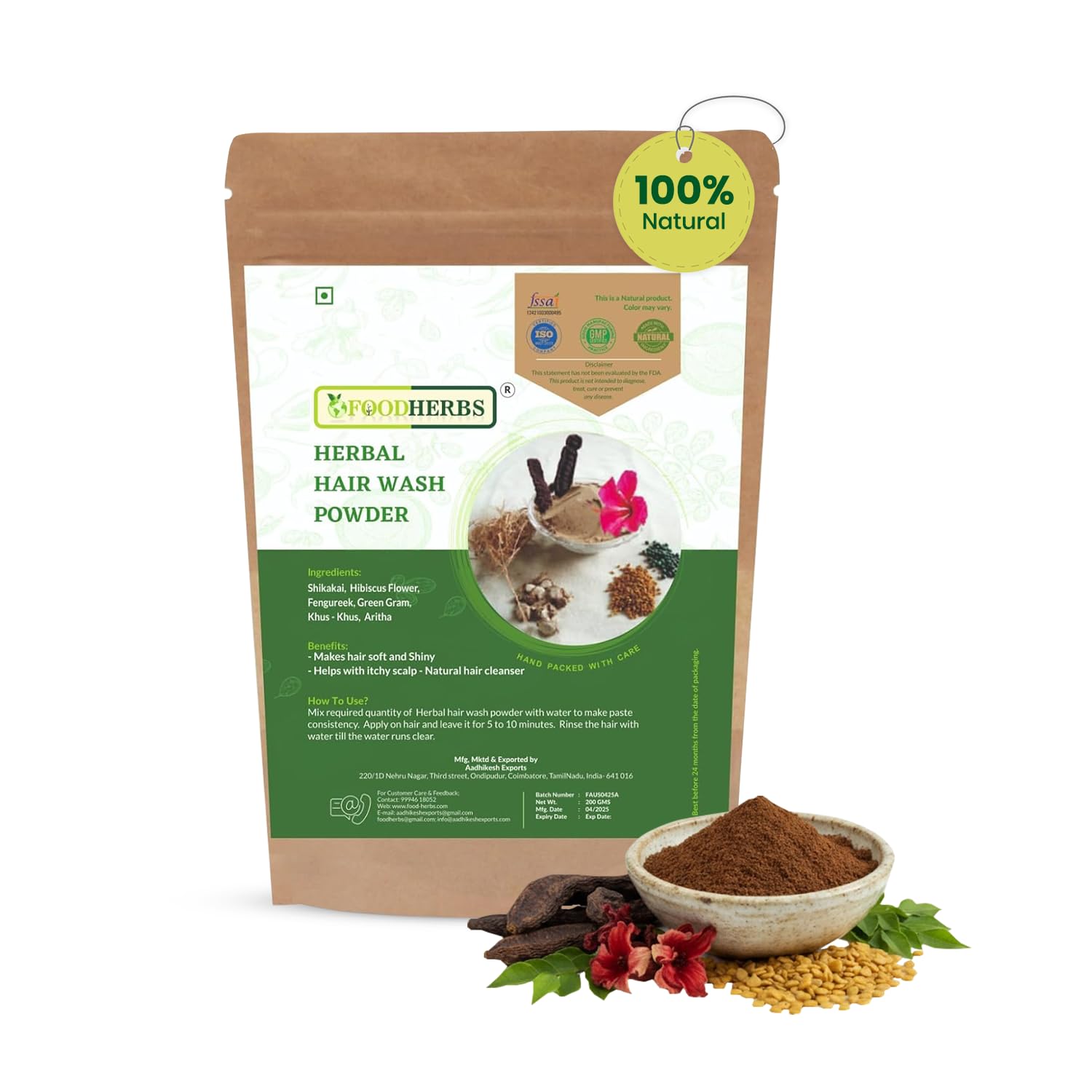 Foodherbs Herbal Hair Wash Powder | Blend of Shikakai, Hibiscus Flower, Fenugreek, Green Gram, Vetiver, Soap Nut | 200 g / 0.44 Lbs | Natural Hair and Scalp Cleanser | Herbal Shampoo | Thanks Giving