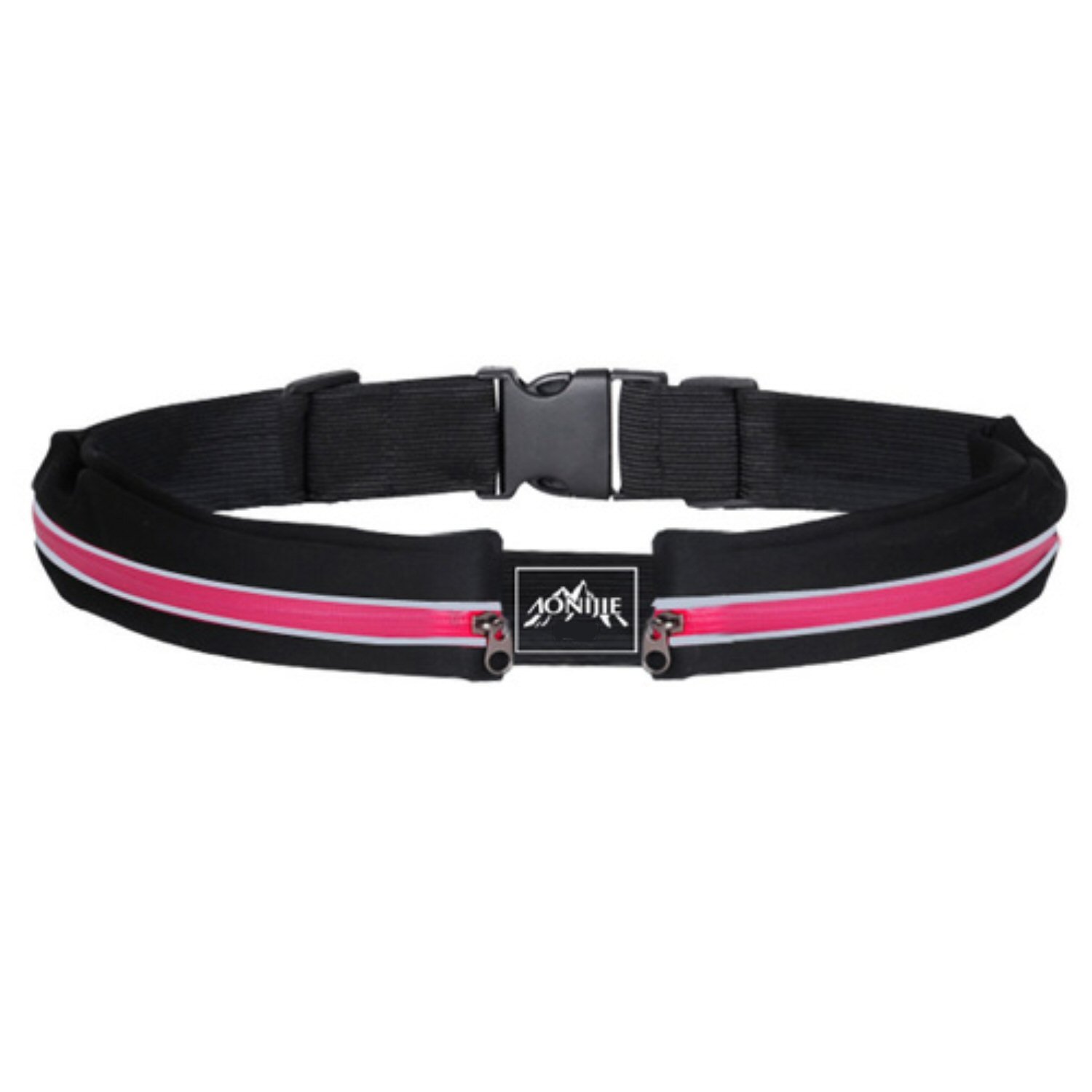 Exercise Double Pouch Runners Belt with Reflective Stripes - Black Maganta