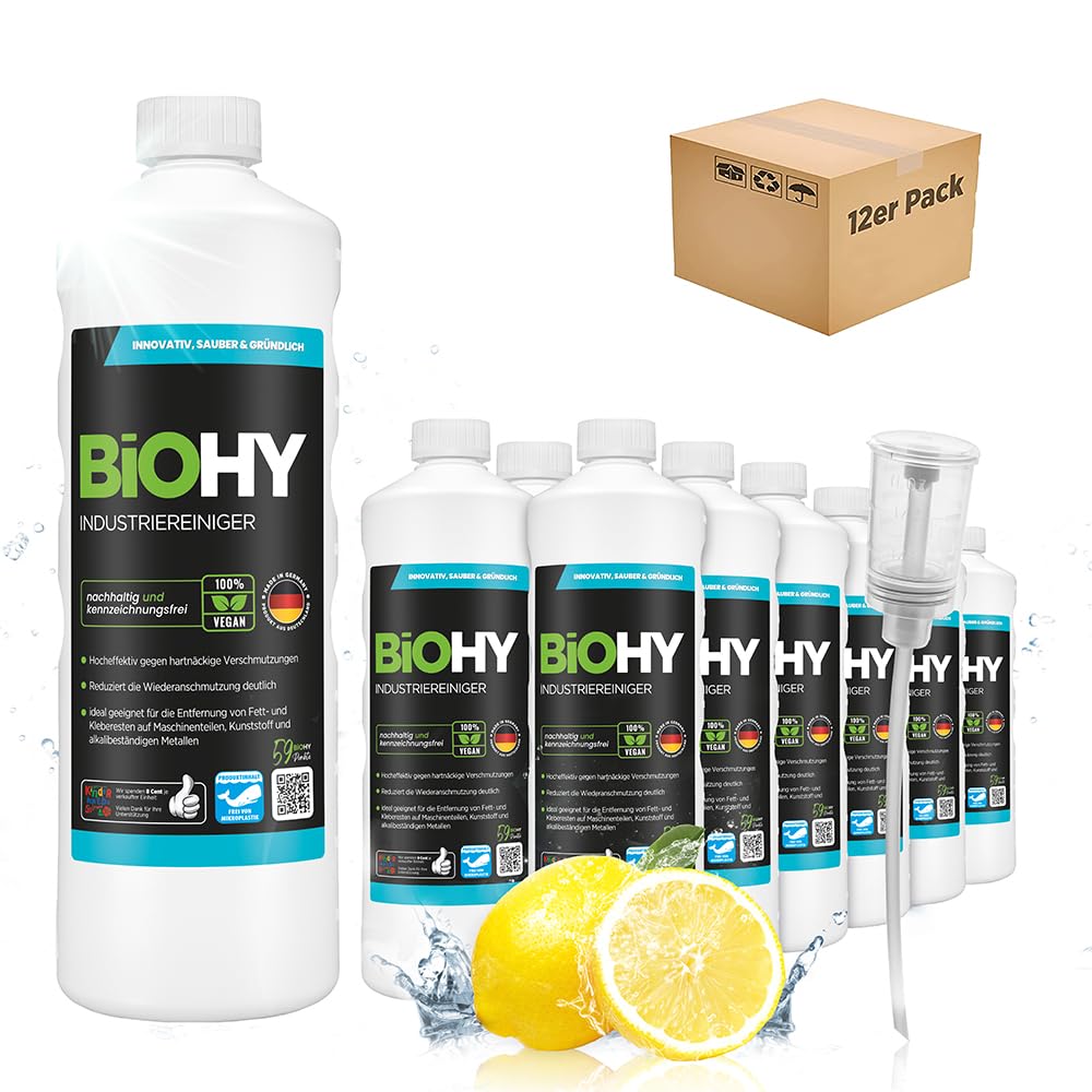BiOHY Limpiador industrial (12 botellas de 1 litro) + Dosificador | limpiador de talleres | contra grasas y aceites | ideal para metal, plástico, vidrio, herramientas (Industriereiniger)