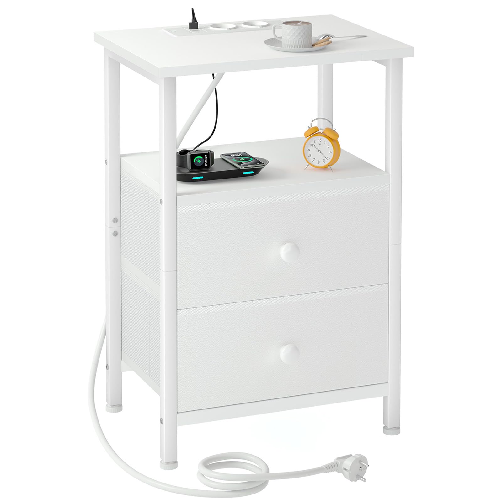 AMHANCIBLE Mesita de Noche, Mesitas de Noche con Estación de Carga, Mesa Auxiliar con 2 Cajones de Tela, 2 Tomas AC, 2 Puertos USB, Dormitorio, Salón, Estudio, Blanco, EHETS020WT-1