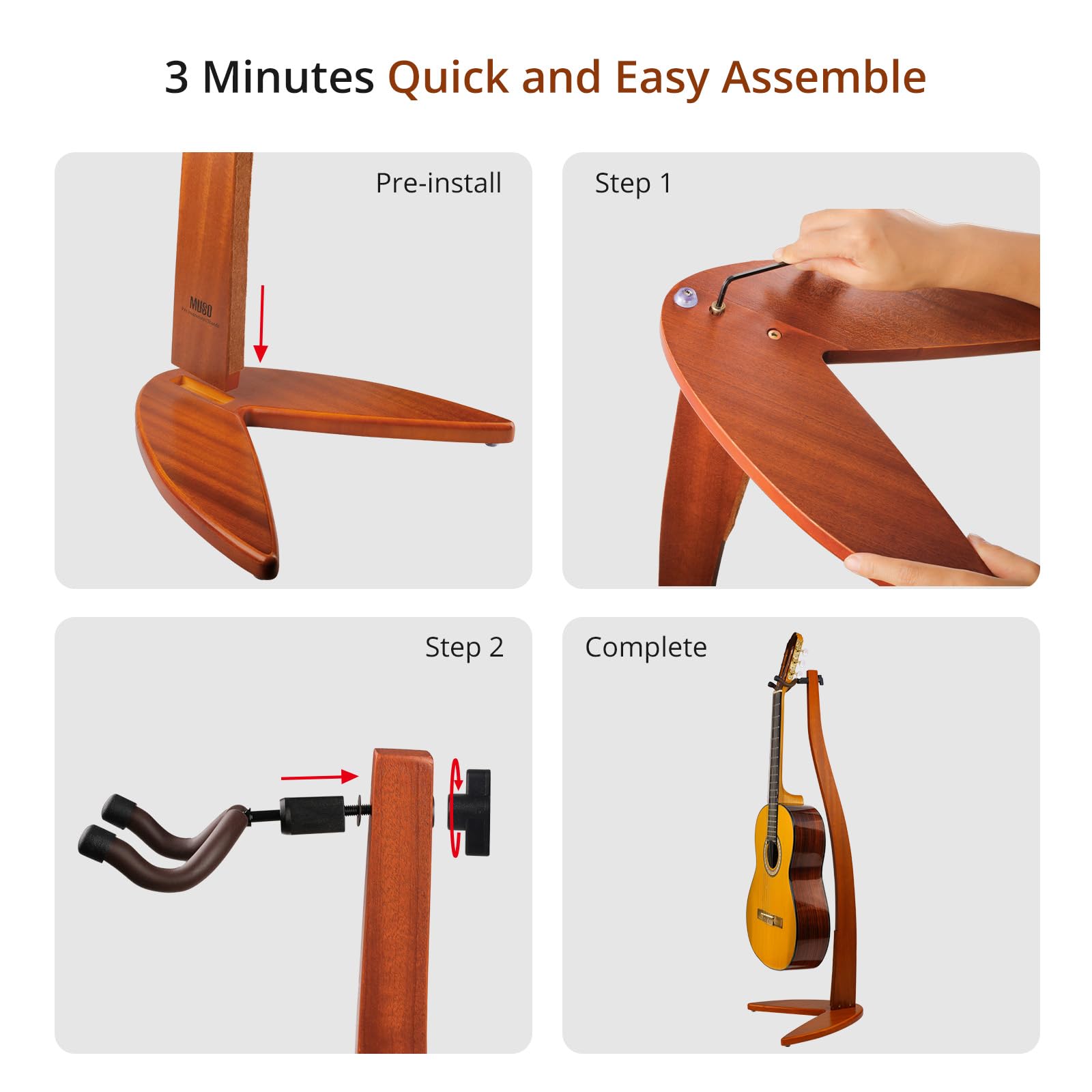 MUSO Gitaar Bass Hanger Standaard, Massief Houten Boog Houder Zeemeermin Vormig voor Display en Opslag, 42 inch Hoogte Anti-kras en Anti-stoot, Decoreer Studio's, Woonkamer en Podium (Sapele, 1