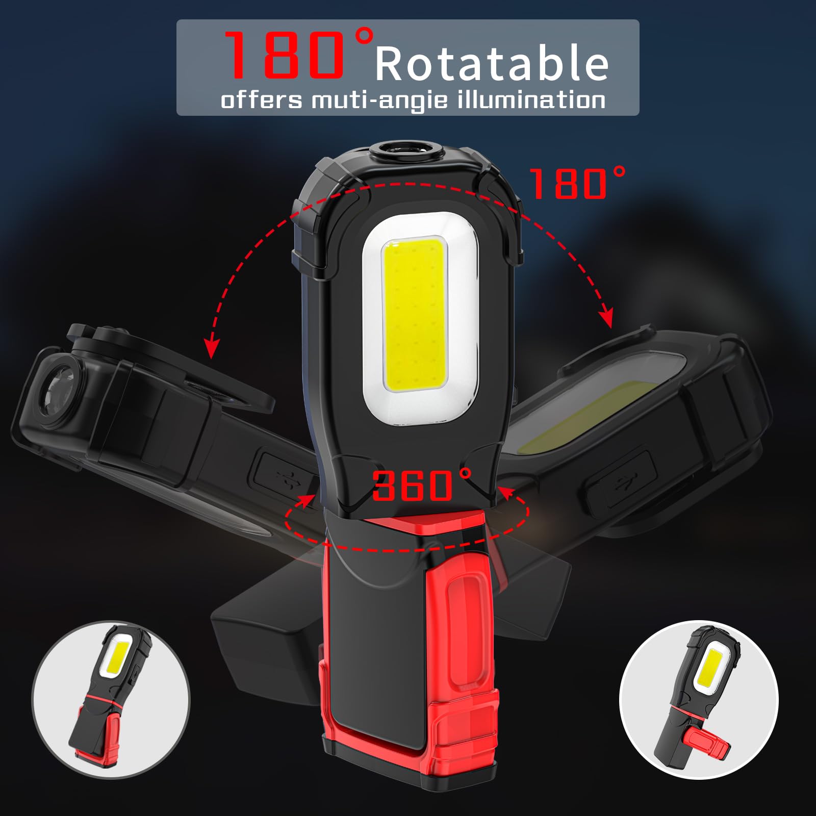 Lampada da lavoro LED rotativa a 360° 3 modalità di illuminazione Lampada da officina LED con piedistallo magnetico e gancio, lampade di ispezione COB per riparazione, garage, campeggio