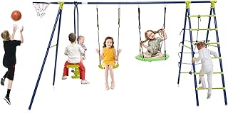 GYMAX Kids Swing Set, Metal Swing A-Frame with 2 Swings, Basketball Hoop, Climbing Rope & Climbing Ladder, Outdoor Children Playground Playset for Garden (Green + Blue, 6 in 1: 336x140x176cm)