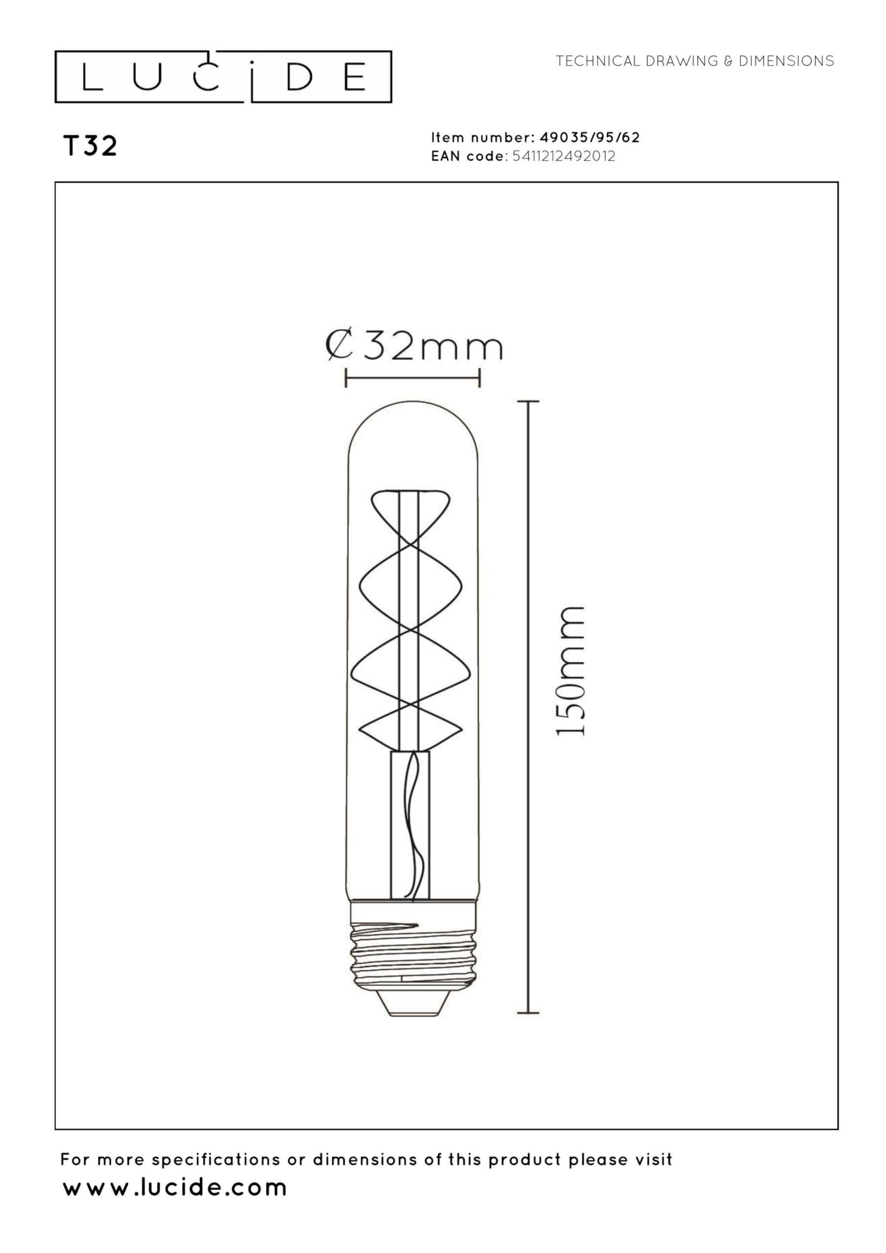 LUCIDE T32 - Bombilla de filamento, diámetro de 3 cm, E27-1x4,9 W, 2200 K, ámbar