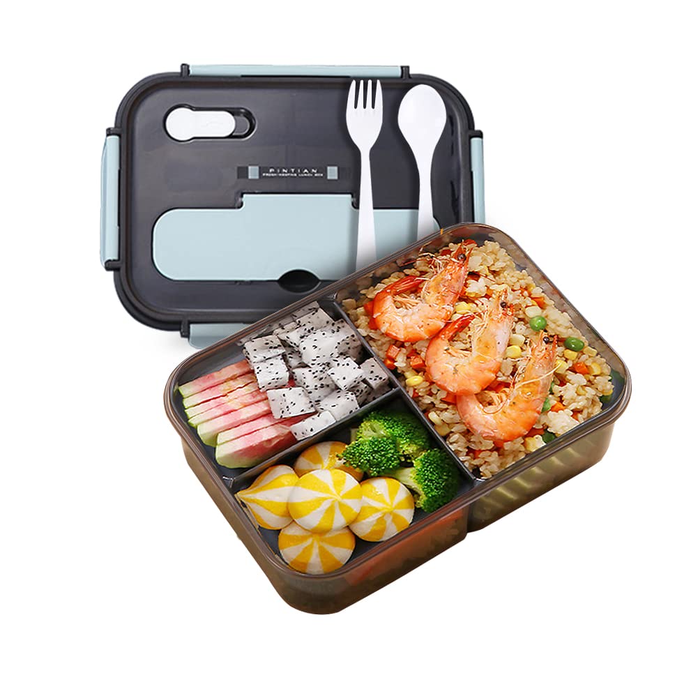 Bento Lunch box for adults & children, Food grade contact PP material, Easy to clean, Leak proof reusable, Suitable for school, office etc, 1500ML, 3 compartments, built-in tableware
