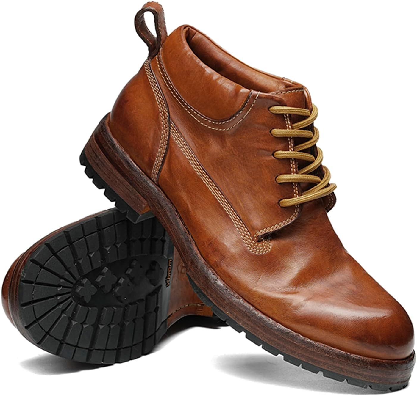 Santimon Men’s Full Grain Horsehide Leather Oxfords Boots- Handmade Goodyear Welted Dress Casual Ankle Chukka Boots with Rubber Lug Sole for Wedding Office Motorcycle Daily