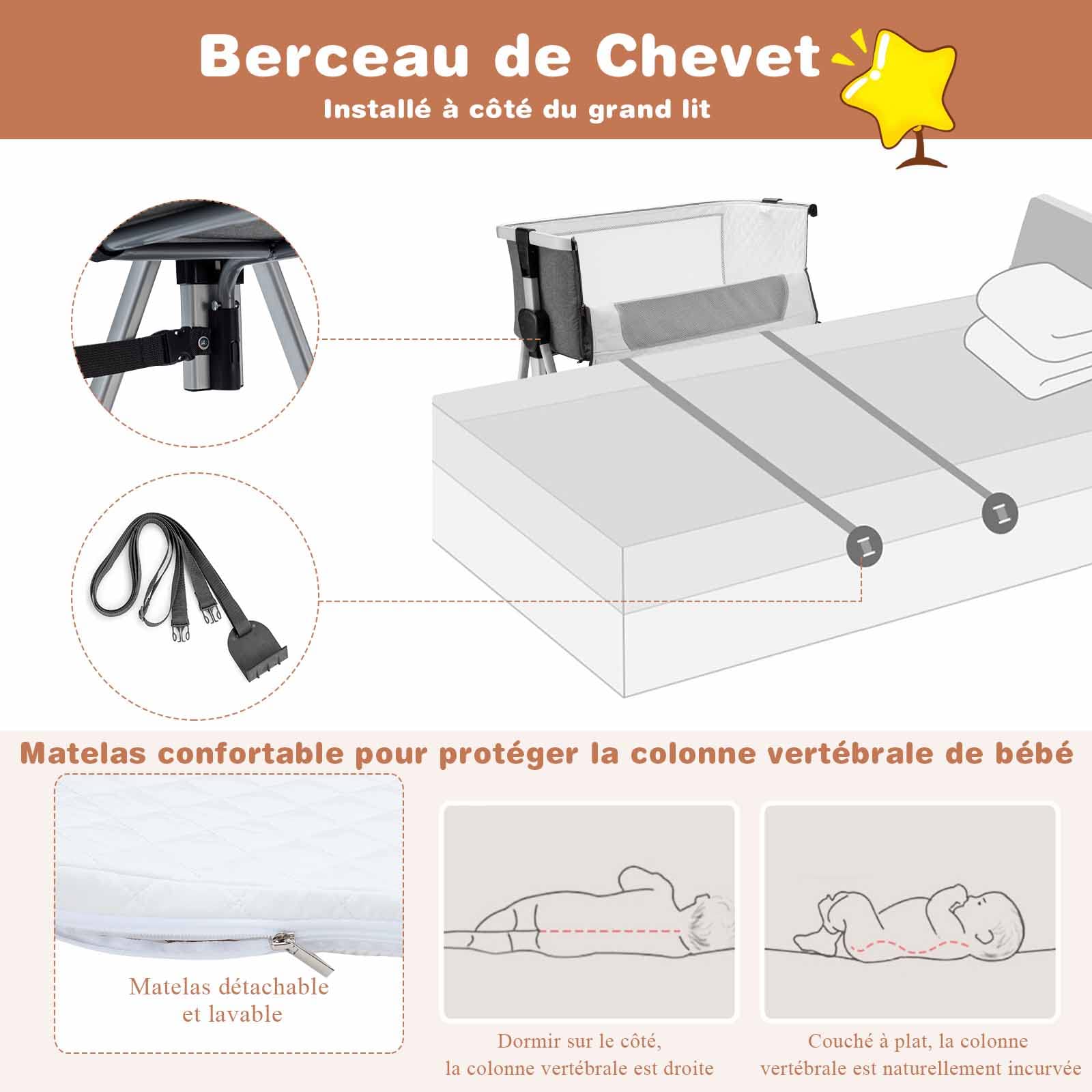 GOPLUS Lit Bébé Parapluie Réglable Cododo 0-6 Mois - Avec Matelas - Roues - Hauteur Et Inclinaison Ajustables - Gris Foncé