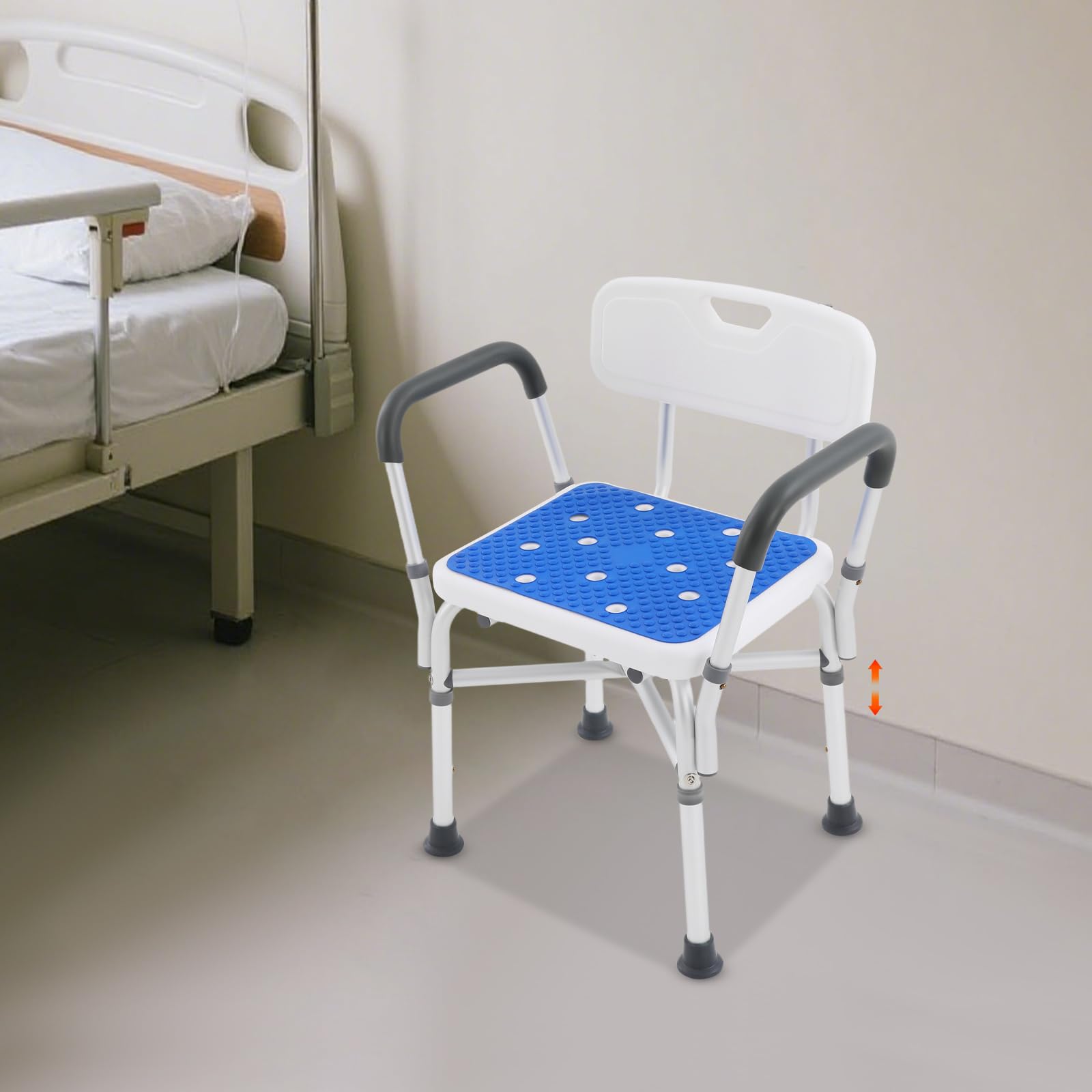 Silla de ducha con reposabrazos y respaldo, asiento de ducha ajustable en altura para personas mayores, adultos y discapacitados, taburete de ducha de acero inoxidable con ajuste de 5 niveles para