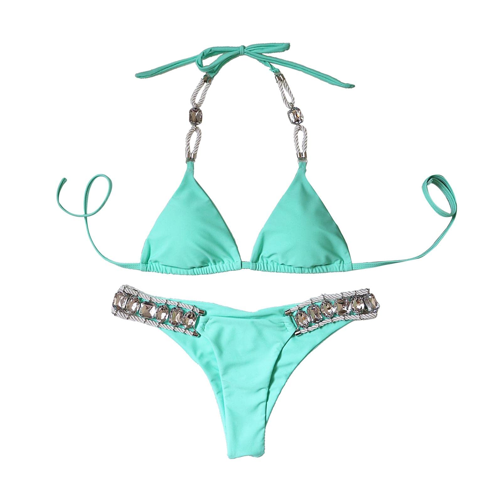 snappsy Women Rhinestone Swimsuit Bra Thong Bikini Set Bathing Suit Swimwear Green L-picture-27
