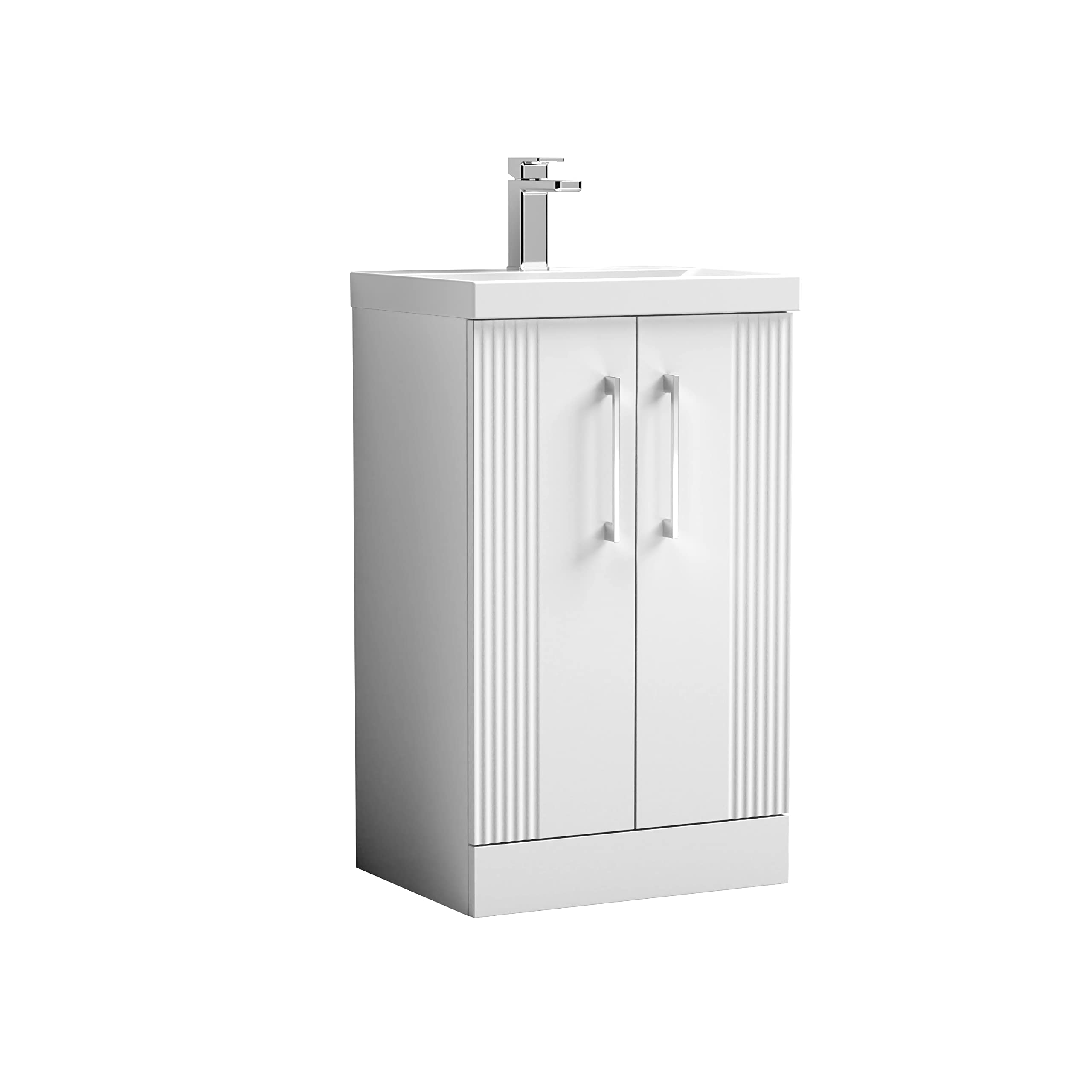 nuie DPF123A Deco Modern Bathroom Floor Standing 2 Door Part Fluted Vanity Basin Unit with Mid-Edge Ceramic Basin, 500mm, Satin White