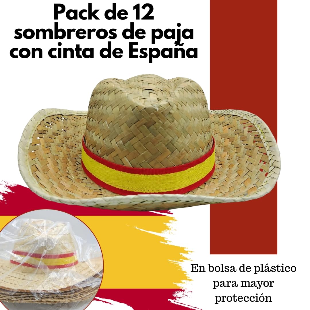 Pack Cappelli di paglia con nastro bandiera Spagna per gruppi: addii, penne, fiere, eventi patriani, capeas o viaggi estivi | Accessorio ideale per gruppi e feste