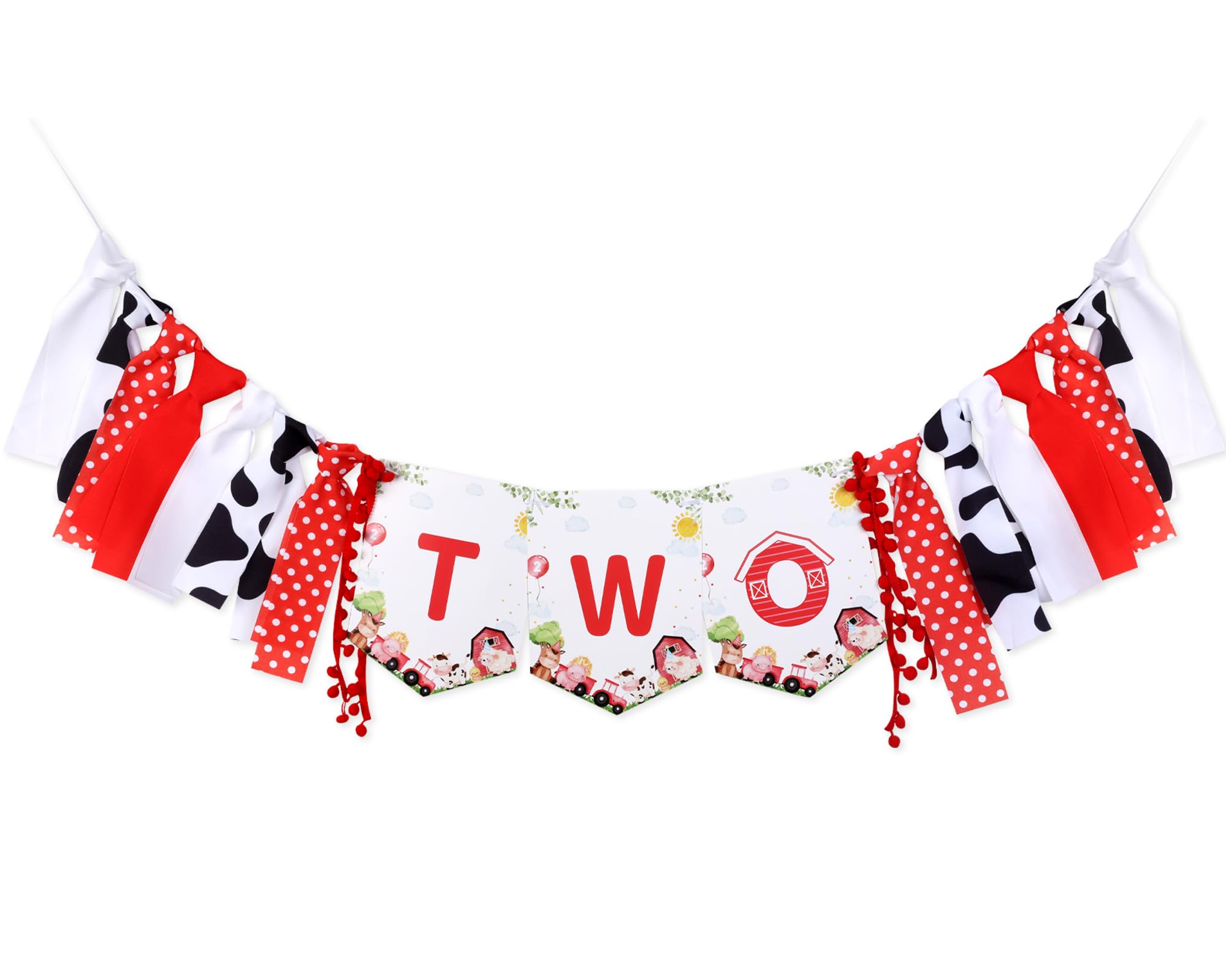 JOYMEMO Farm Animals 2nd Birthday High Chair Banner - Red Farm 2nd Birthday Party Decorations, Boy Girl, Farmhouse Barnyard Photo Props Souvenir Gifts