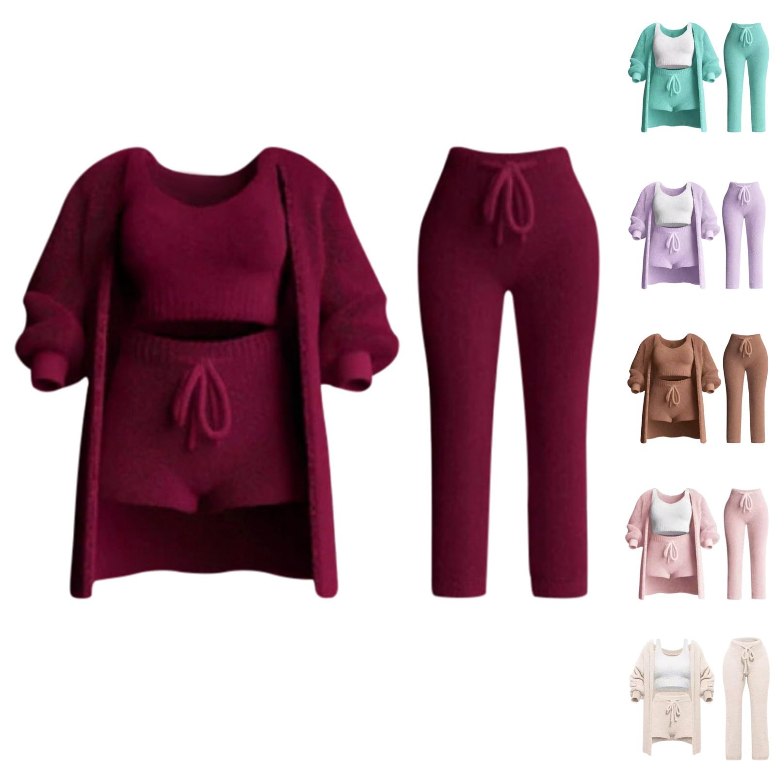Ensemble de 4 pyjamas pour femme - Automne et hiver - En polaire chaude - Confortable et doux - Manches longues - Veste crop débardeur - Short et pantalon - Combinaison d'intérieur