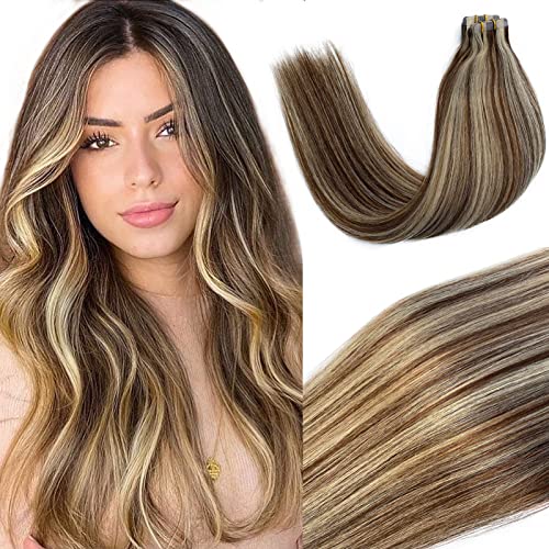 Tape in Hair Extensions 20 Pieces Double Sided Tape Hair Chocolate Brown to Blonde Highlights Balayage Real Human Hair Extensions Tape in Seamless Skin Weft Invisible Remy Hair 16 Inch 30G for Women