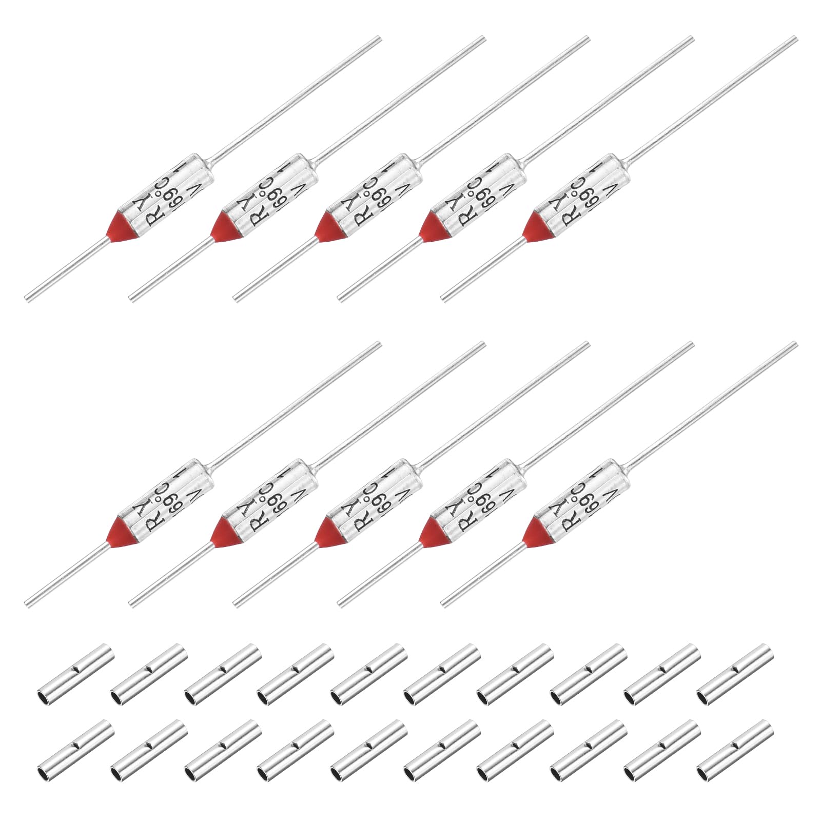 sourcing map 10 Pcs Metal Temperature Thermal Fuse SF169 169C 336.2F 10A 250V Cutoff Thermal Fuse with 20 Pcs BN1.25 Bare Terminal Butt Connector