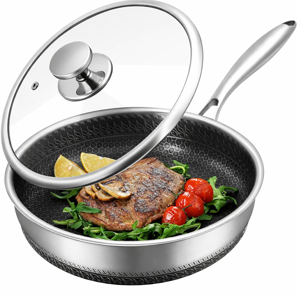 Royal Swiss Casserole en acier inoxydable Triply de 28 cm avec revêtement en nid d'abeille – Convient pour l'induction, antiadhésive et sans PFOA – Couvercle en verre résistant à la chaleur (poêle à