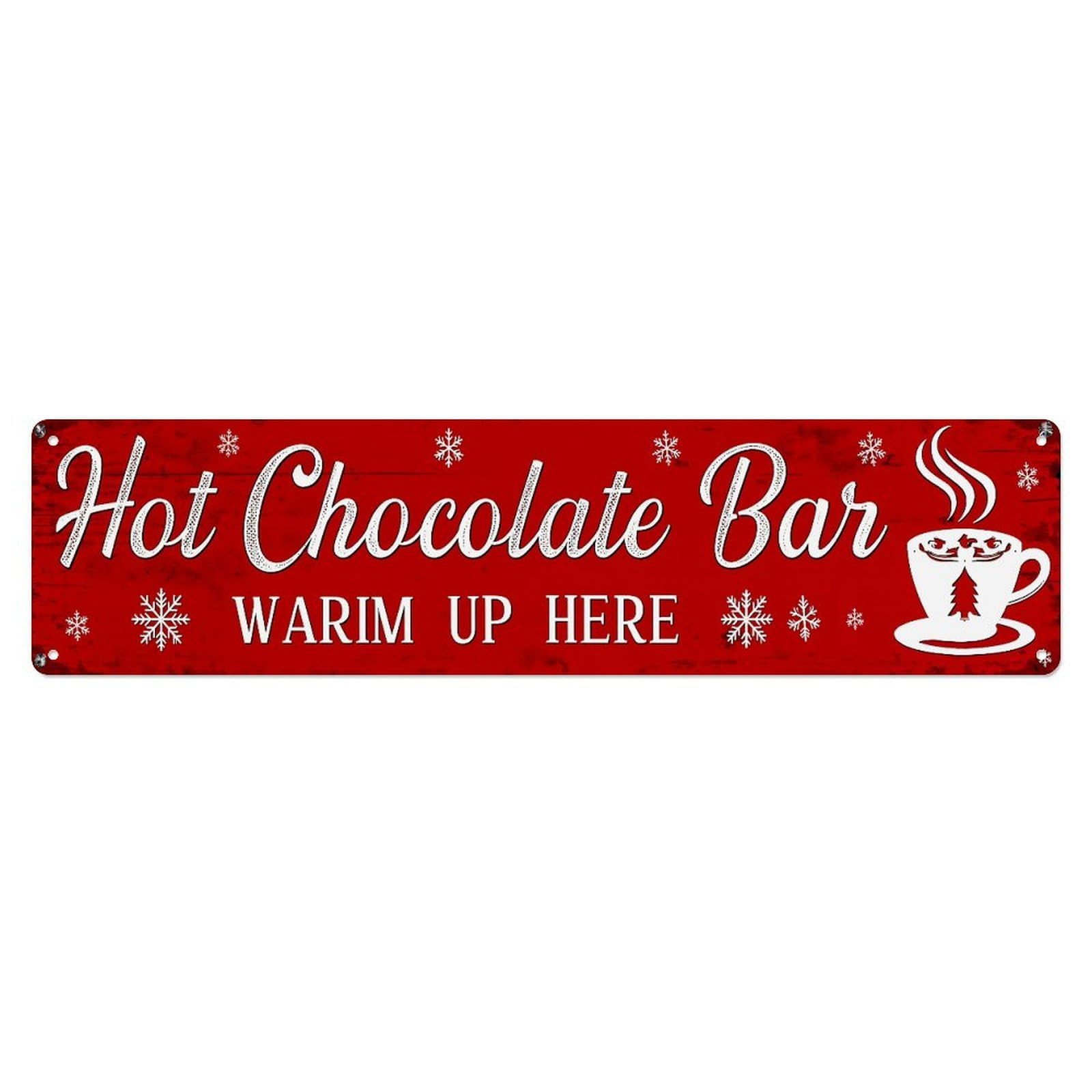 Red Background Snowflakes Chocolate Cup Steam Retro Metal Tin Sign, Vintage Decor Art Poster for Bar, Home, Man Cave, Kitchen, Laundry Room Gift 4x16Inch