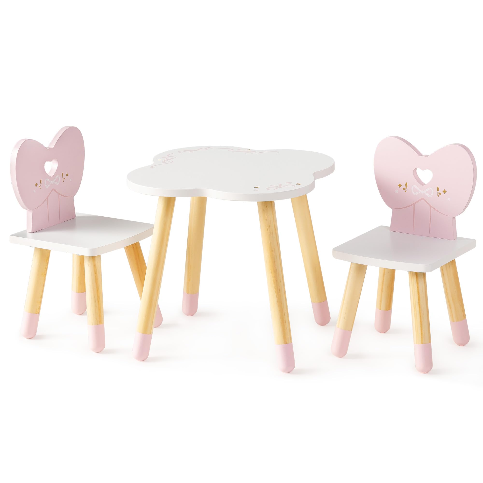 ROBUD 18 Inch Dolls Table Chairs Set, Wooden Doll Furniture Dining Table & 2 Chairs with Bow Heart Backrest