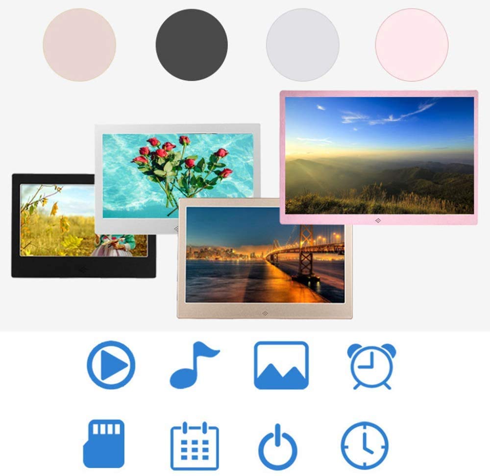 Album Photo avec Cadre Photo en métal 10 Pouces - Haute résolution 1024 x 600, écran IPS Full HD 16:9, aperçu d'image, Calendrier vidéo, Horloge, minuterie Marche/arrêt AUT,Black-10