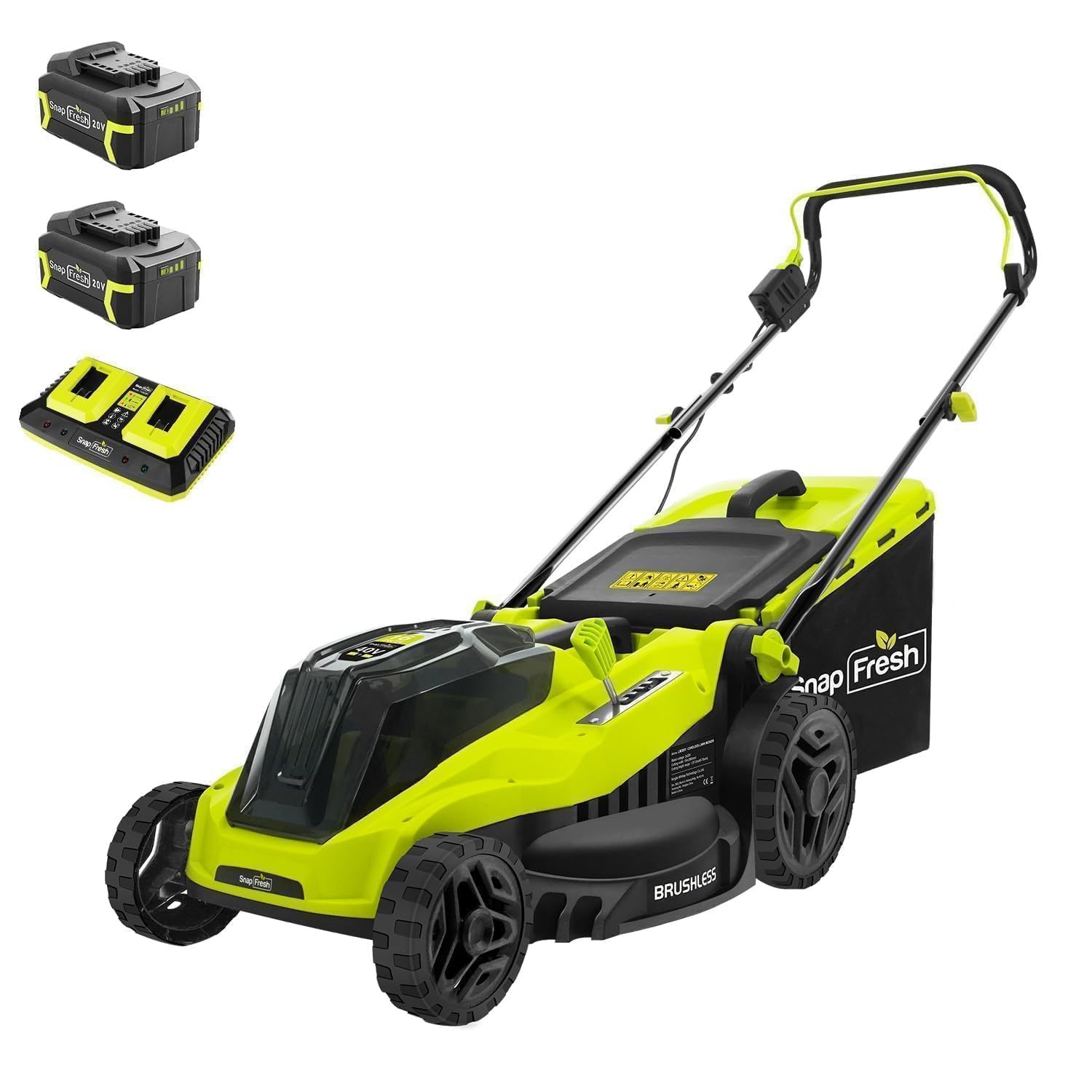 SnapFresh Lawn Mower Cordless - 40V Cordless Brushless Lawn Mower with Brushless Motor, 2 x 4.0Ah Battery and Charger Included
