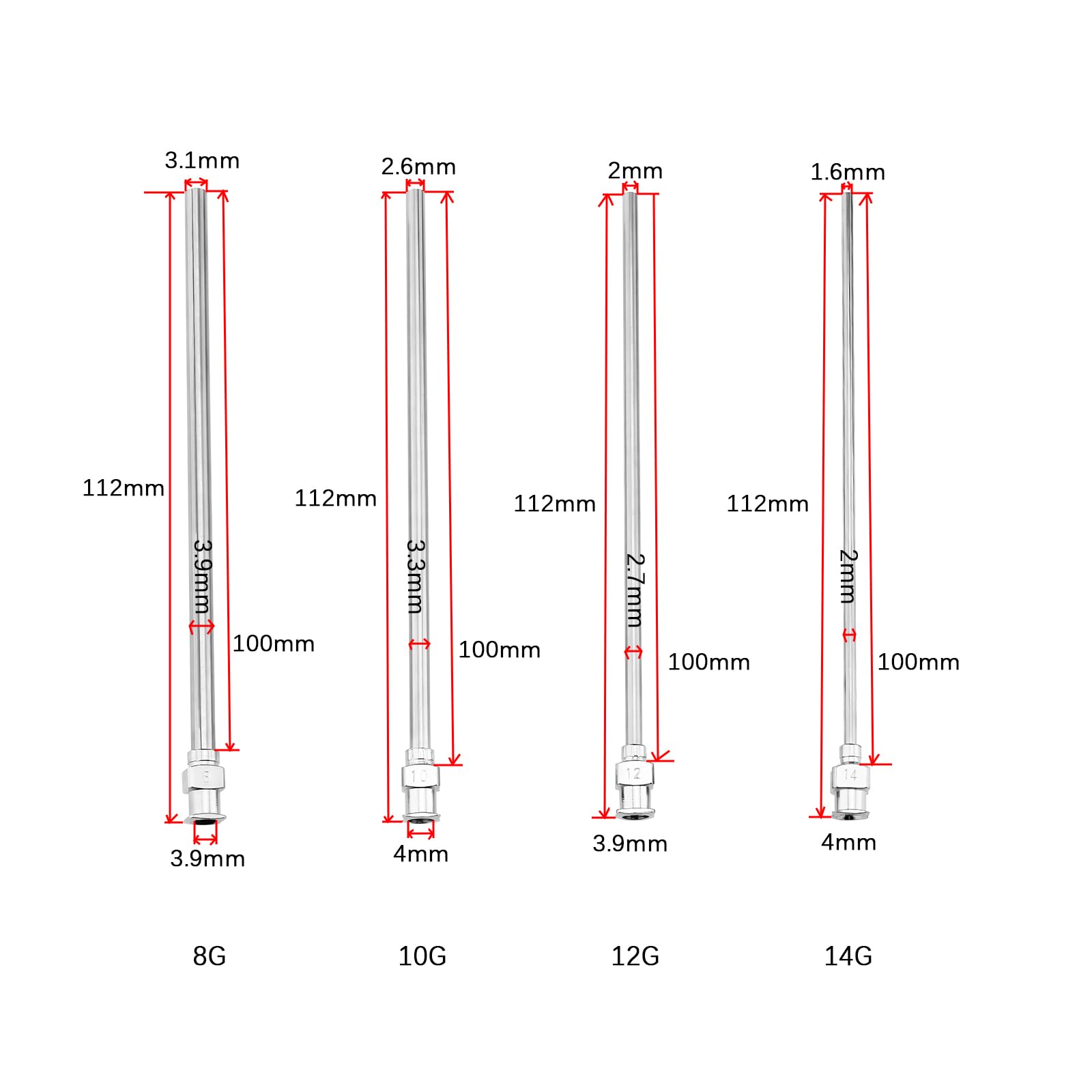 12 Stück Edelstahl-Dosiernadeln 112 mm Gesamtlänge 8 G/10 G/12 G/14 G stumpfe Nadeln für den industriellen Einsatz und Experimente Silber