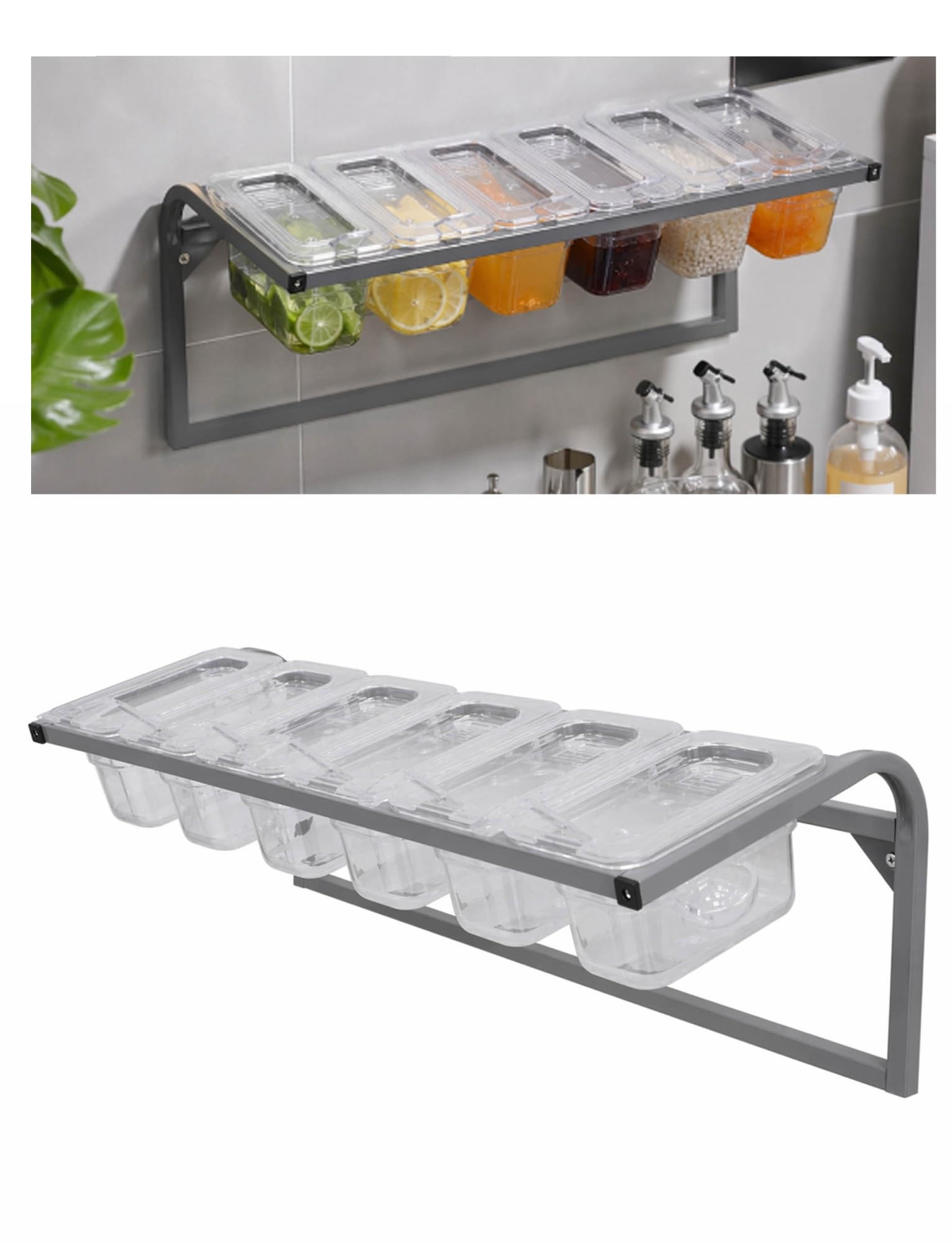 Stazione di copertura da parete per 6 bidoni, in acciaio inox, con scatole e cucchiai in acrilico trasparente, per pizza, insalata, gelato, comoda soluzione per riporre oggetti