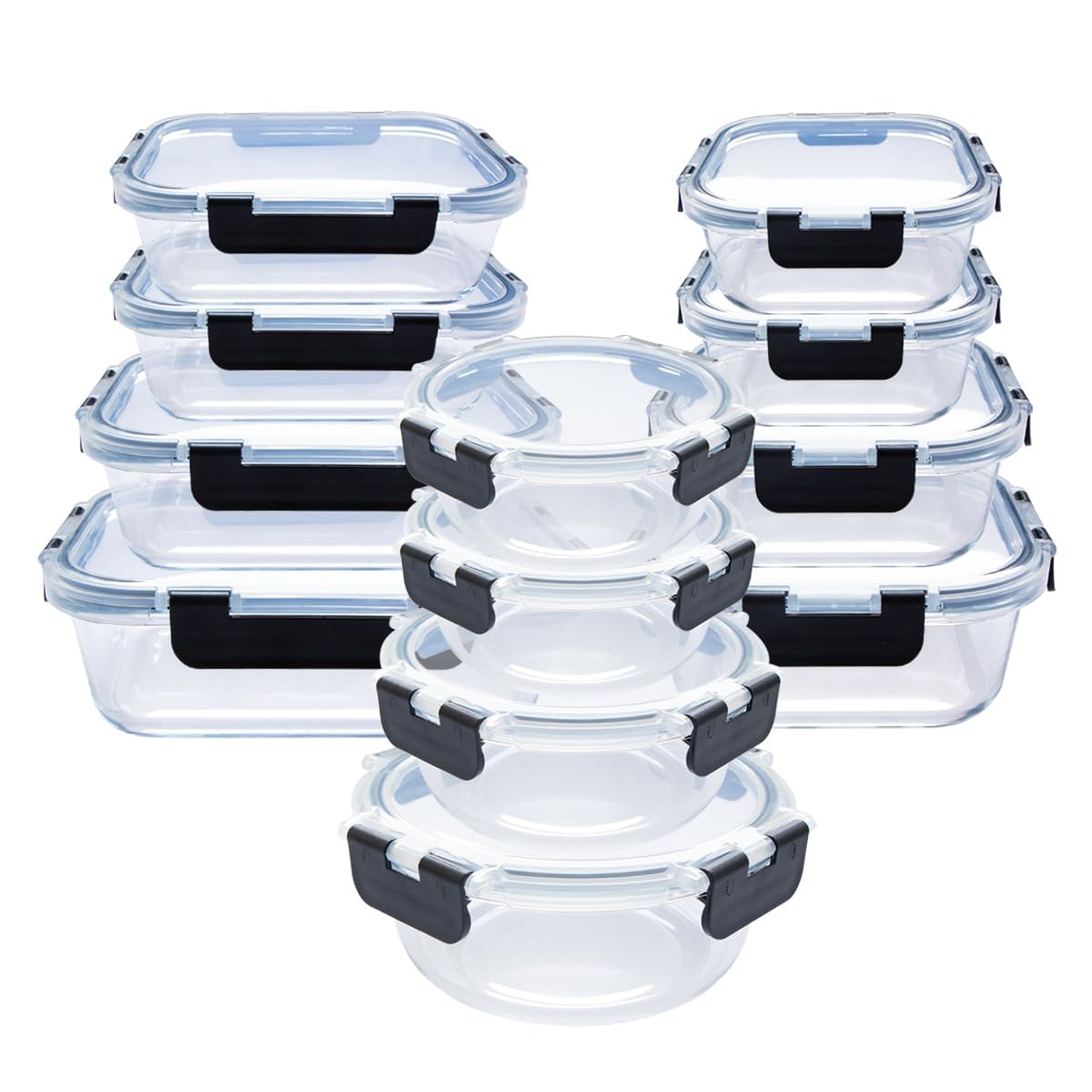 set contenitori vetro 24 pezzi (12 vasche+12 coperchi). Ermetici senza BPA, adatti microonde, Nero