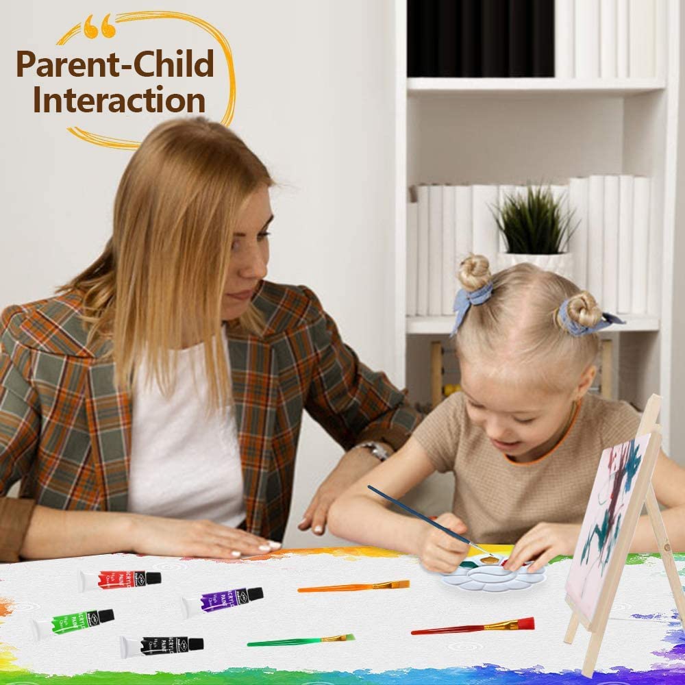 Set da Pittura per Bambini, Vernici per Lavoretti per Bambini, Kit di Pennelli da 27 Pezzi con Pennelli Tavolozza da Cavalletto su Tela Grembiuli Impermeabili per Lavoretti