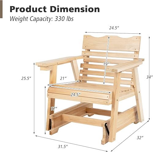 Miniatura 3 de Giantex Mecedora para exteriores  Mecedora de madera para porche con respaldo alto, reposabrazos ampliados, asiento curvo, portavasos giratorio,
