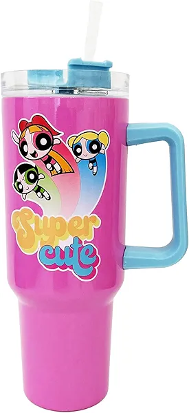 Spoontiques Stainless Steel Travel Mug, 40oz - Double Wall Insulation, Sturdy Handle, Sliding Lock Travel Lid - Powerpuff Girls