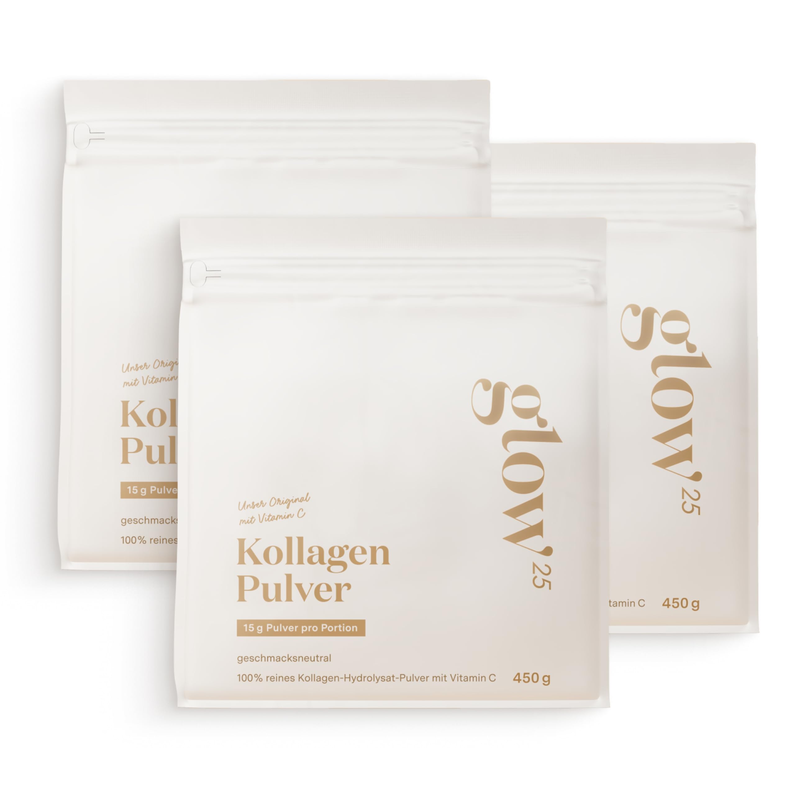 Glow25® Collagen Pulver [3x450g] – Unser Original – Kollagen Hydrolysat mit Vitamin C – Peptide Typ 1 und 3 – Gute Löslichkeit – Neutral