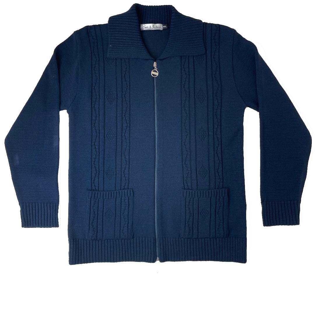 F & S Ltd Women's Navy Pattern Knitted Cardigan Zip Up Closure With Pockets Size S-Xl (, S-M)