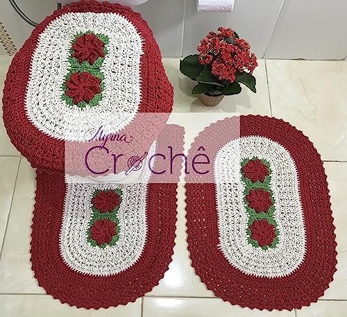 Tapete para Banheiro em Crochê Bordado Premium 3 Peças (Vermelho)