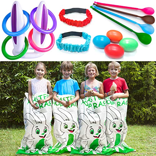 TURNMEON 11 Pack Easter Outdoor Party Games for Family, 4 Bunny Potato Sack Race Bags, 4 Egg and Spoon Race Game,2 Legged Relay Race Bands,1 Bunny Ears Ring Toss Game - Carnival Games Easter Eggs Hunt