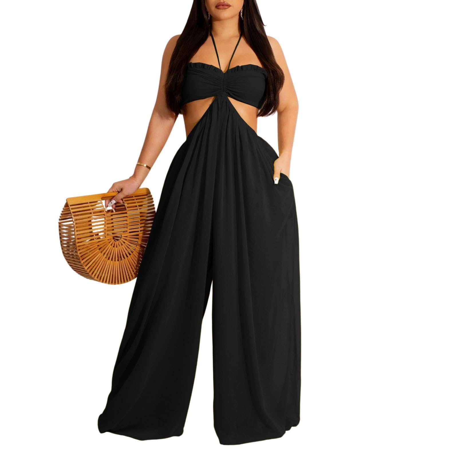 Pajacyk dla kobiet z odkrytymi ramionami Hollow Out Wide Leg Romper Letnie stroje wakacyjne