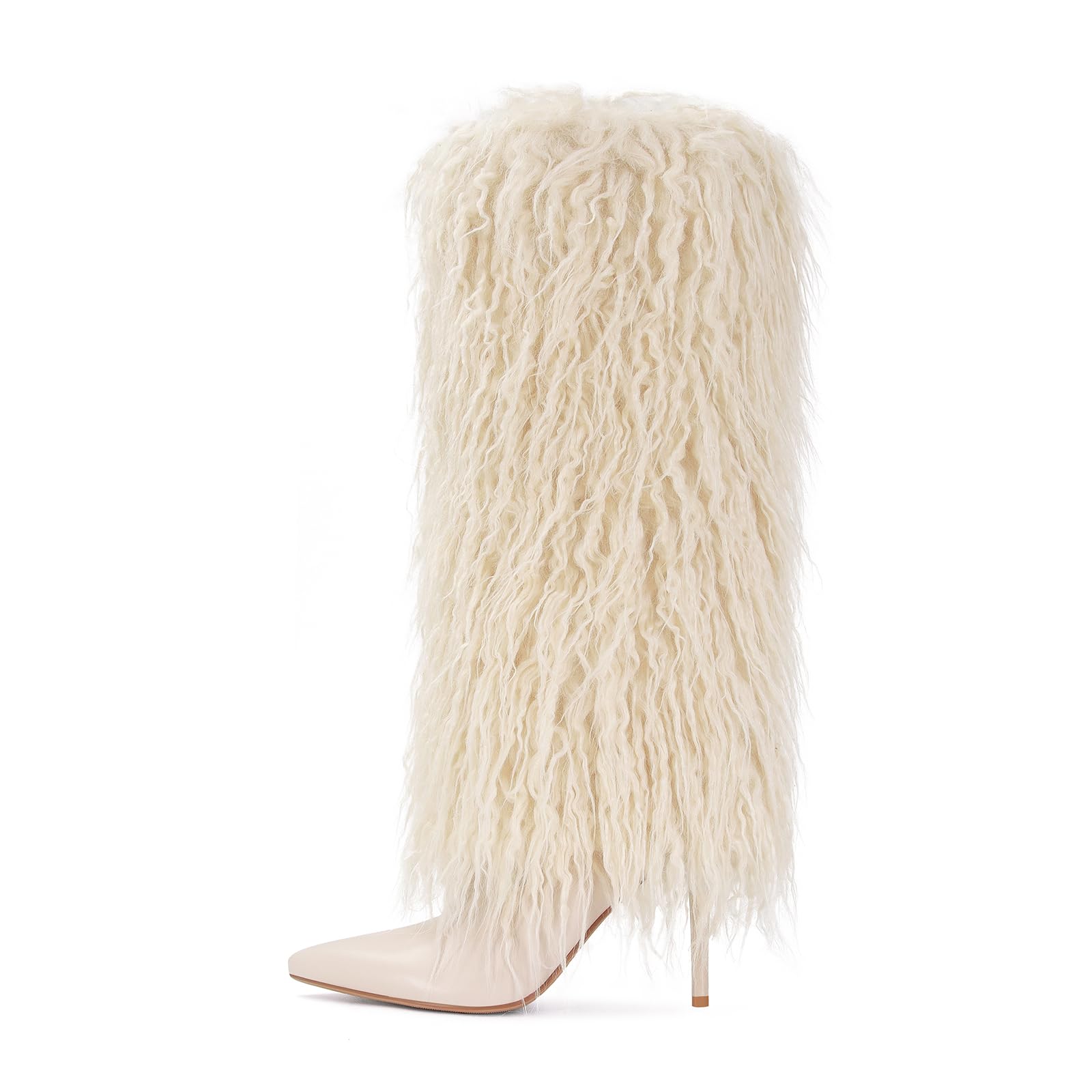 XBKXMK Fur Knee High Boots for Women Pointed Toe Stiletto Heel Fold Over Tall Boots Fashion Wide Calf Long Booties: 9 White