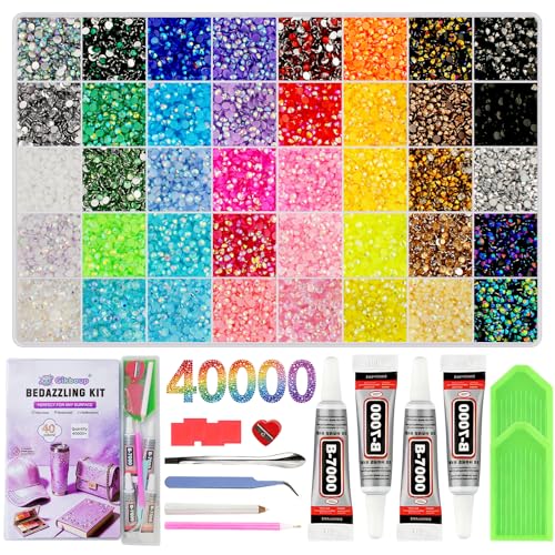 Gikboup 40000 Pcs 40 Colors Bedazzling Kit with Rhinestones 3mm Jelly AB Resin Flatback Gems with 4 B-7000 Glue 40-Grid Storage Box Tweezers Trays and Tools for Crafts Cups Phone Cases
